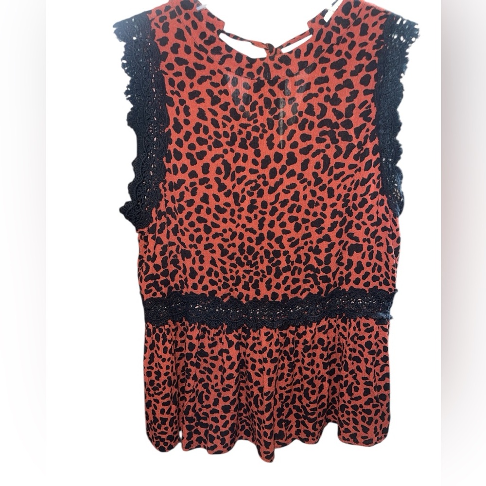 Love on a Hanger Red Leopard Print Blouse with Black Lace
